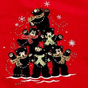 Merry Christmas Tree Embroidered Appliqué Santa Bears Women Sz L Red Sweatshirt